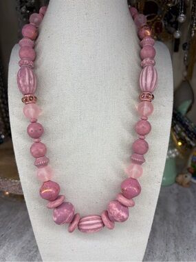 Vintage Pink Beaded Necklace Frosted Matte Jewelry